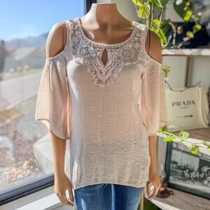 Spense, Cold Shoulder Crochet Embroidered Boho Top, Oatmeal, Women's Medium